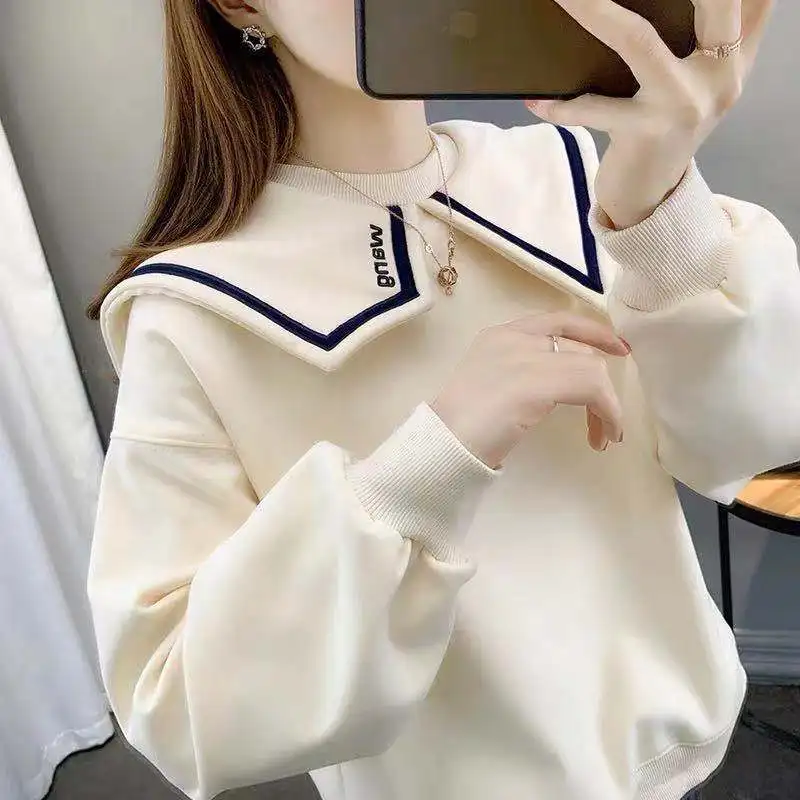 Spring Autumn Women\'s Clothing Pullover Lantern Long Sleeve Letter Embroidered Casual Hoodies Peter Pan Collar All-match Tops