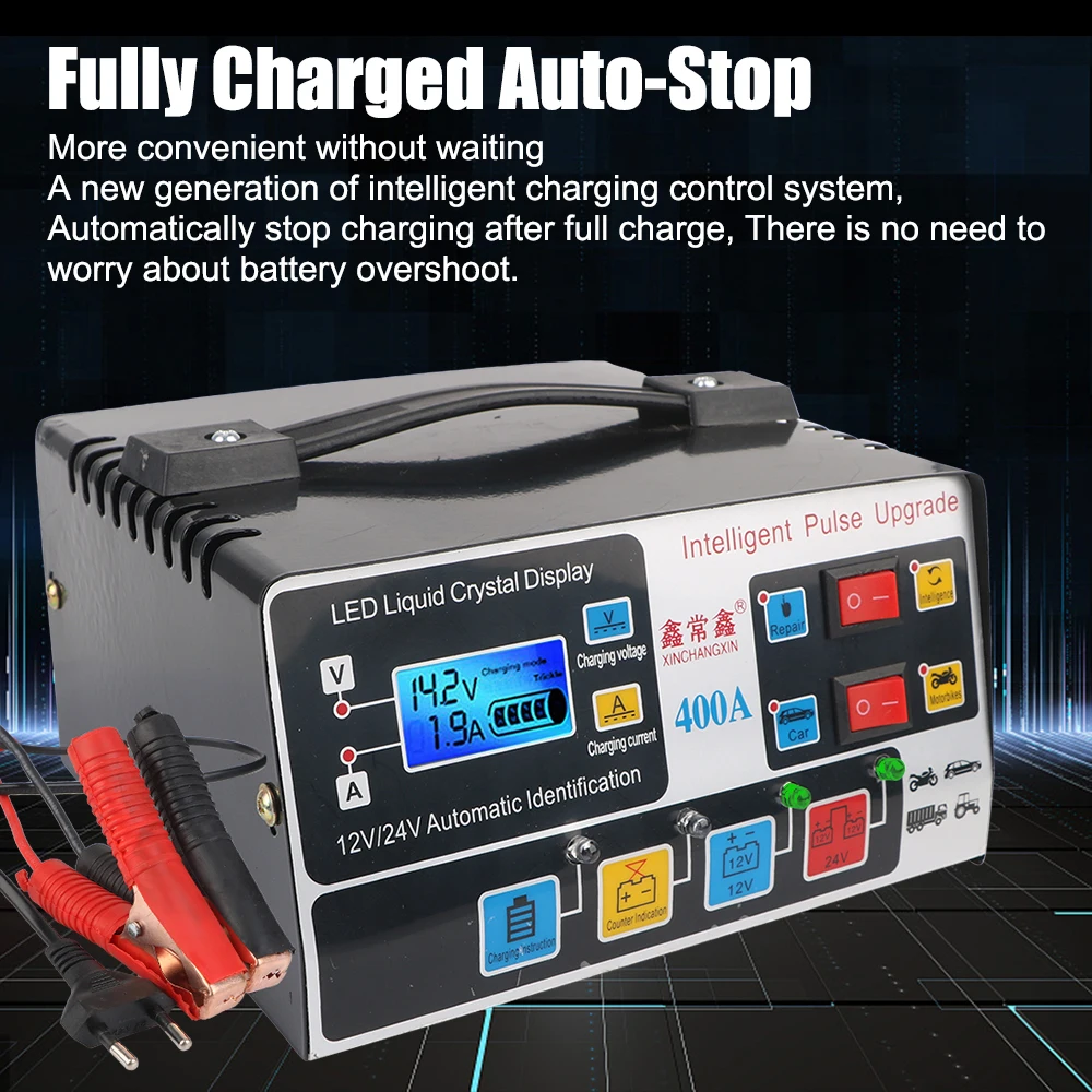 EU Plug 12V/24V 220W LCD Display Pulse Repair Fully Automatic High Power Intelligent Car Battery Charger