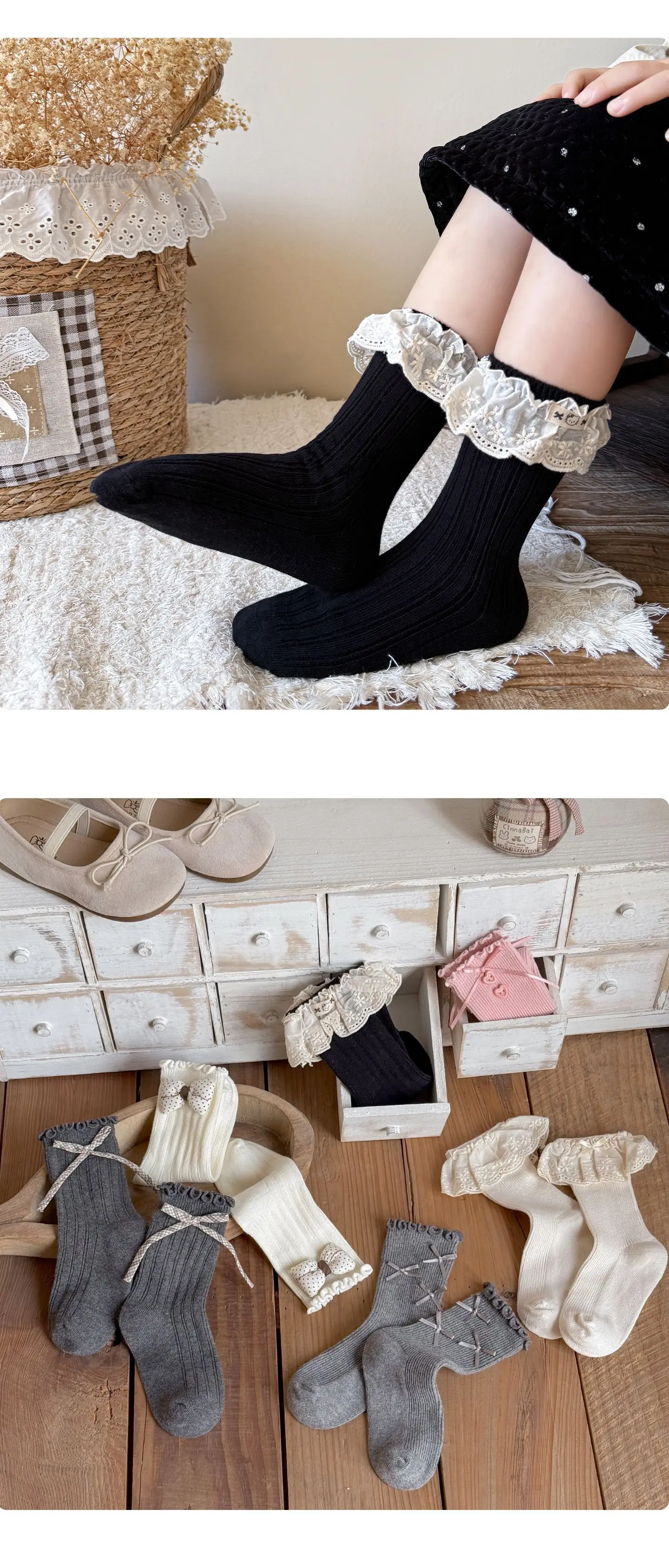 3 Paar Kindersocken für Mädchen, süße Spitzen-Rüschen-Mädchensocken, Prinzessinnen-Socken für Kleinkinder, mittellange Socken aus gekämmter Baumwolle für Mädchen – Detail 8