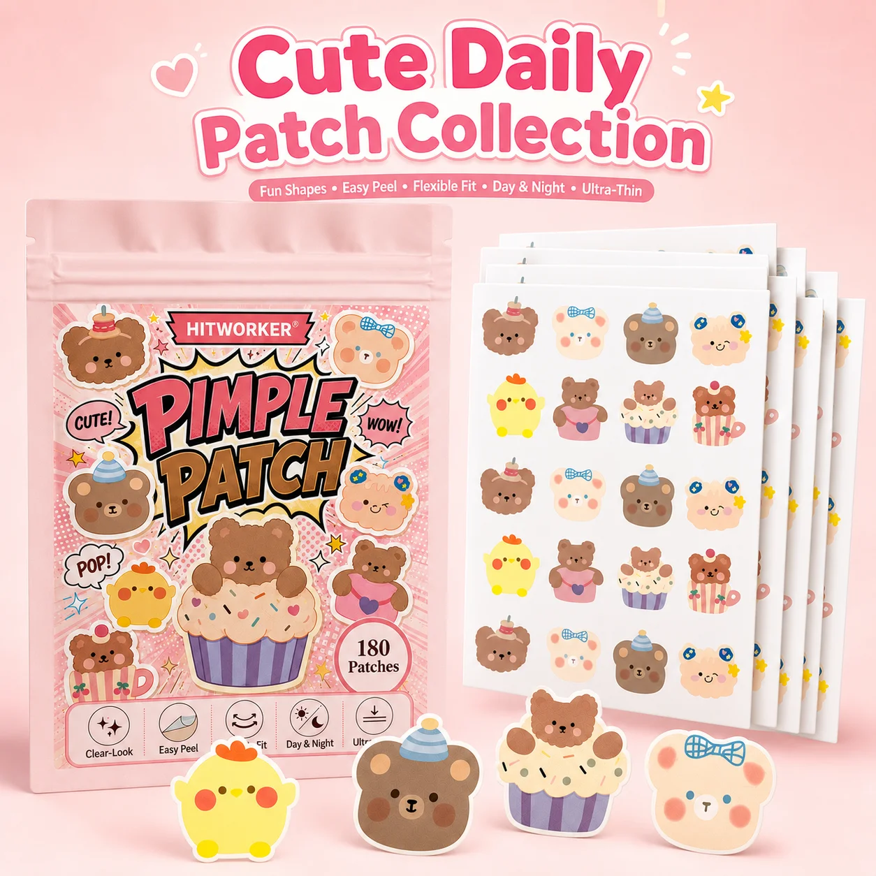 180pcs Kawaii Animal Pimple Patches, Cartoon Hydrocolloid Spot Cover Stickers, Ultra-Thin Easy Peel Face Care Patch Set