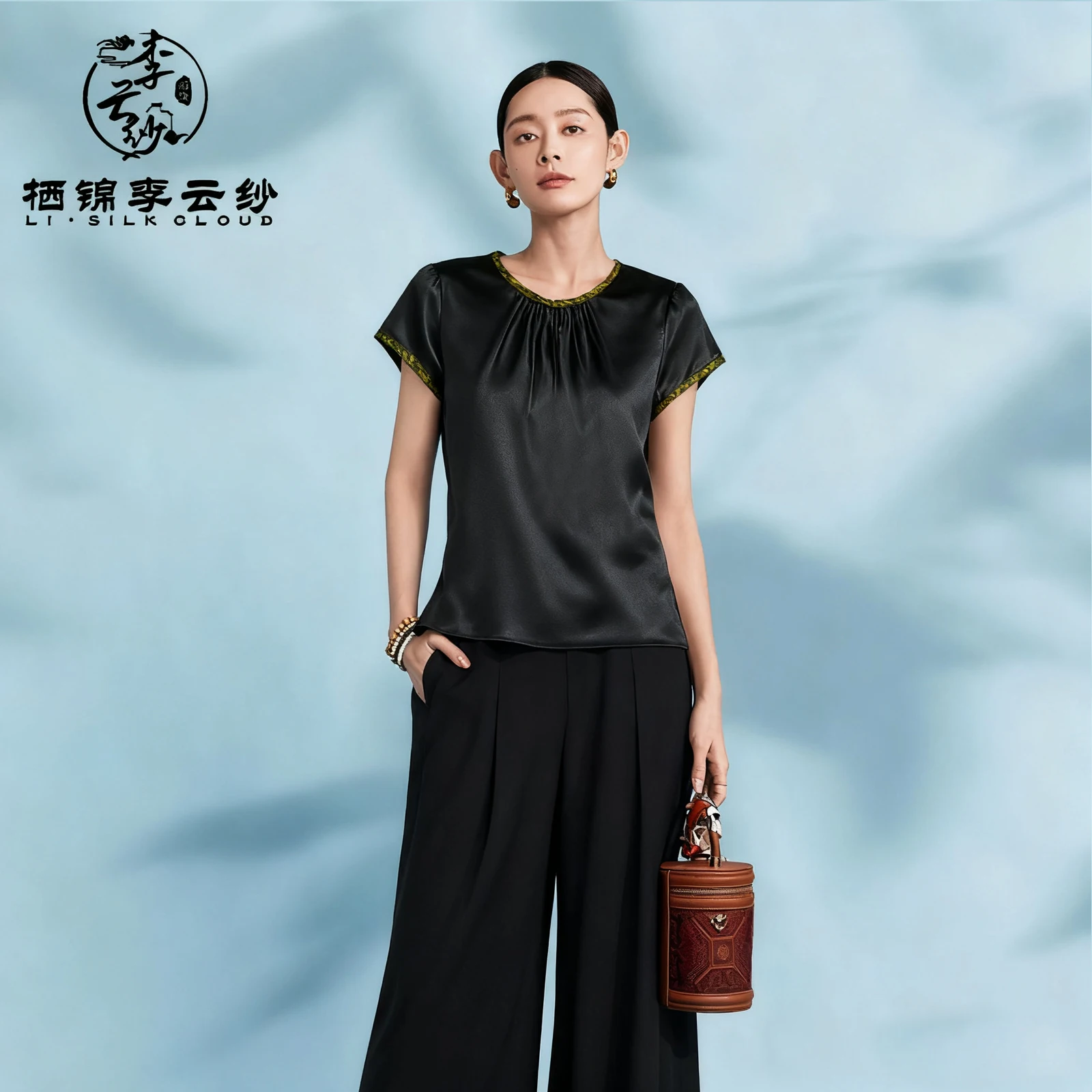 

LI SILK CLOUD xiangyunsha Блузка с короткими рукавами - шелковая ткань шелковицы в китайском стиле, повседневная марля Гуандун, черный жемчуг, Гуандун