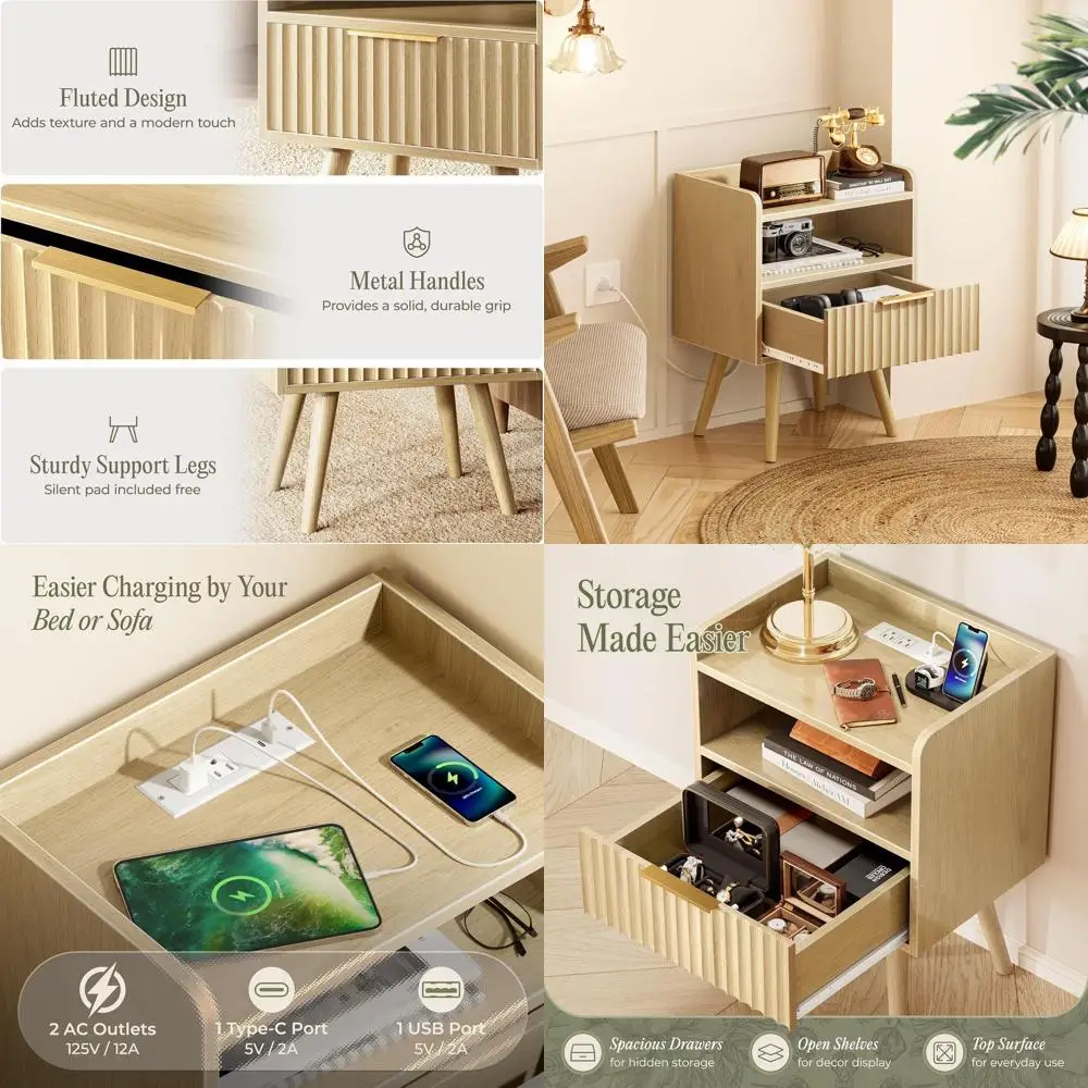 Solid Wood Nightstand with USB-C Charging, Open Storage, Raised Edge for Bedroom
