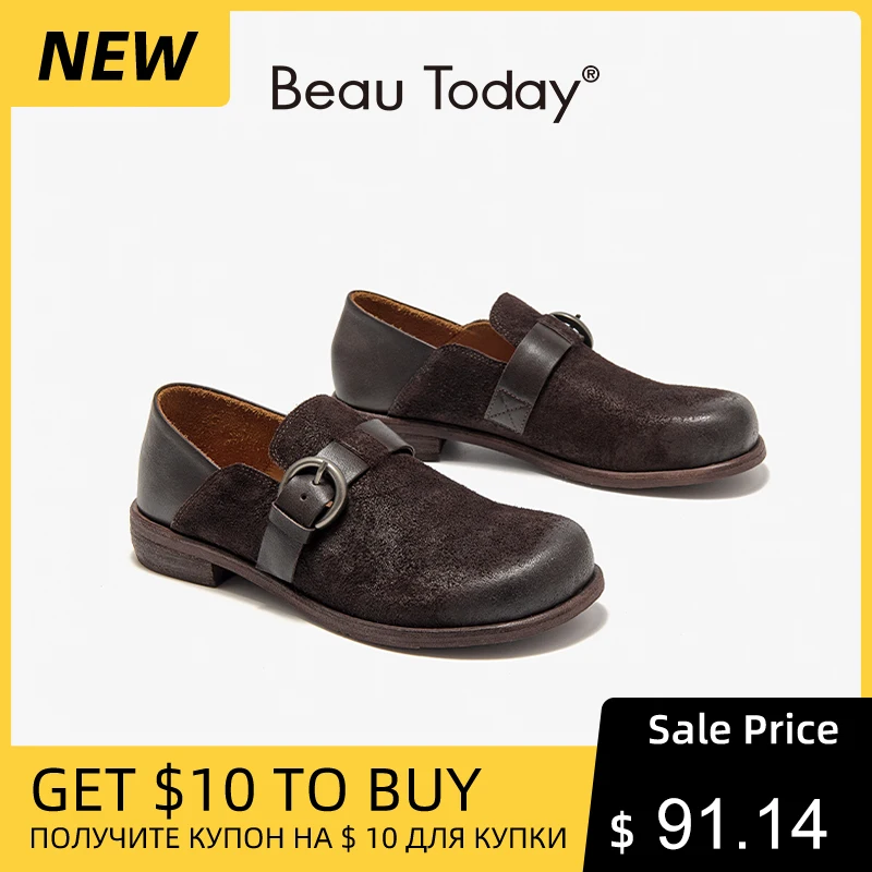 

BEAUTODAY Retro Loafers Women Genuine Leather Round Toe Solid Color Buckle Buffed Patchwork Slip-on Flats Female Handmade 24084