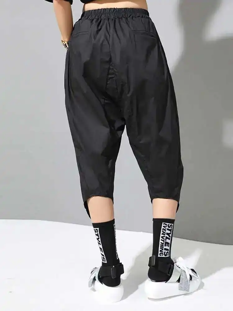 ยืดหยุ่นสูงเอวสีดําสบายๆ Harem กางเกงใหม่หลวม Fit กางเกงผู้หญิงแฟชั่นฤดูใบไม้ผลิฤดูใบไม้ร่วง