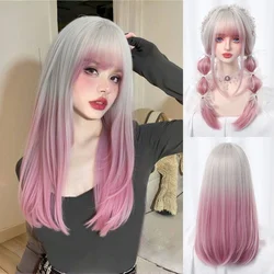 Allbell Magique Platinum Pink Ombre Long Straight Synthetic Wig Women Christmas Party Natural Gradient Colorful Hair With Bangs