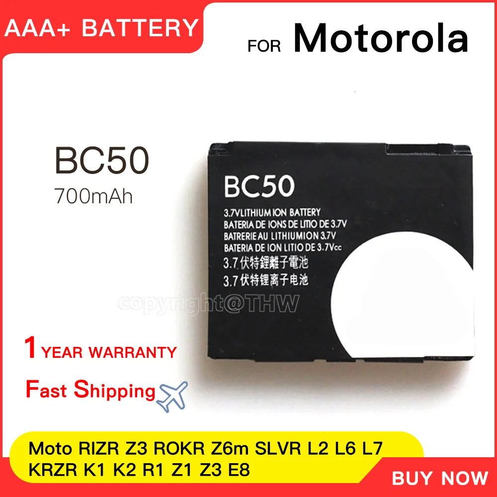 Batería BC50 genuina de 700mAh para Motorola RIZR Z3 ROKR Z6m SLVR L2 L6 L7 KRZR K1 K2 R1 Z1 Z3 E8 C257 C261 E690 EM35 W220M