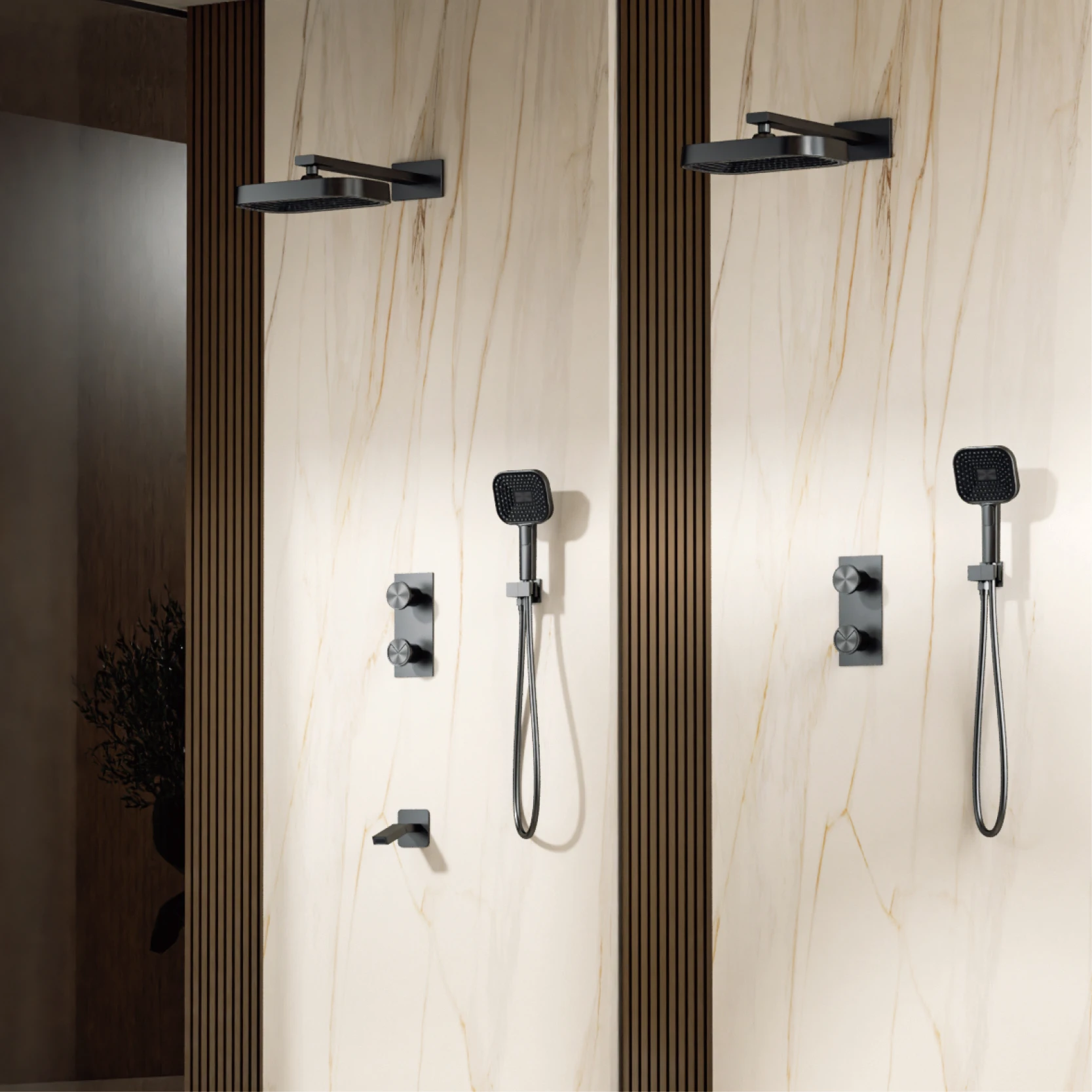 Gun Grey Embedded Wall Mounted Shower System Modern Bathroom Brass Shower Faucet Set Hot Cold Adjustable Water Flow Bath Fixture