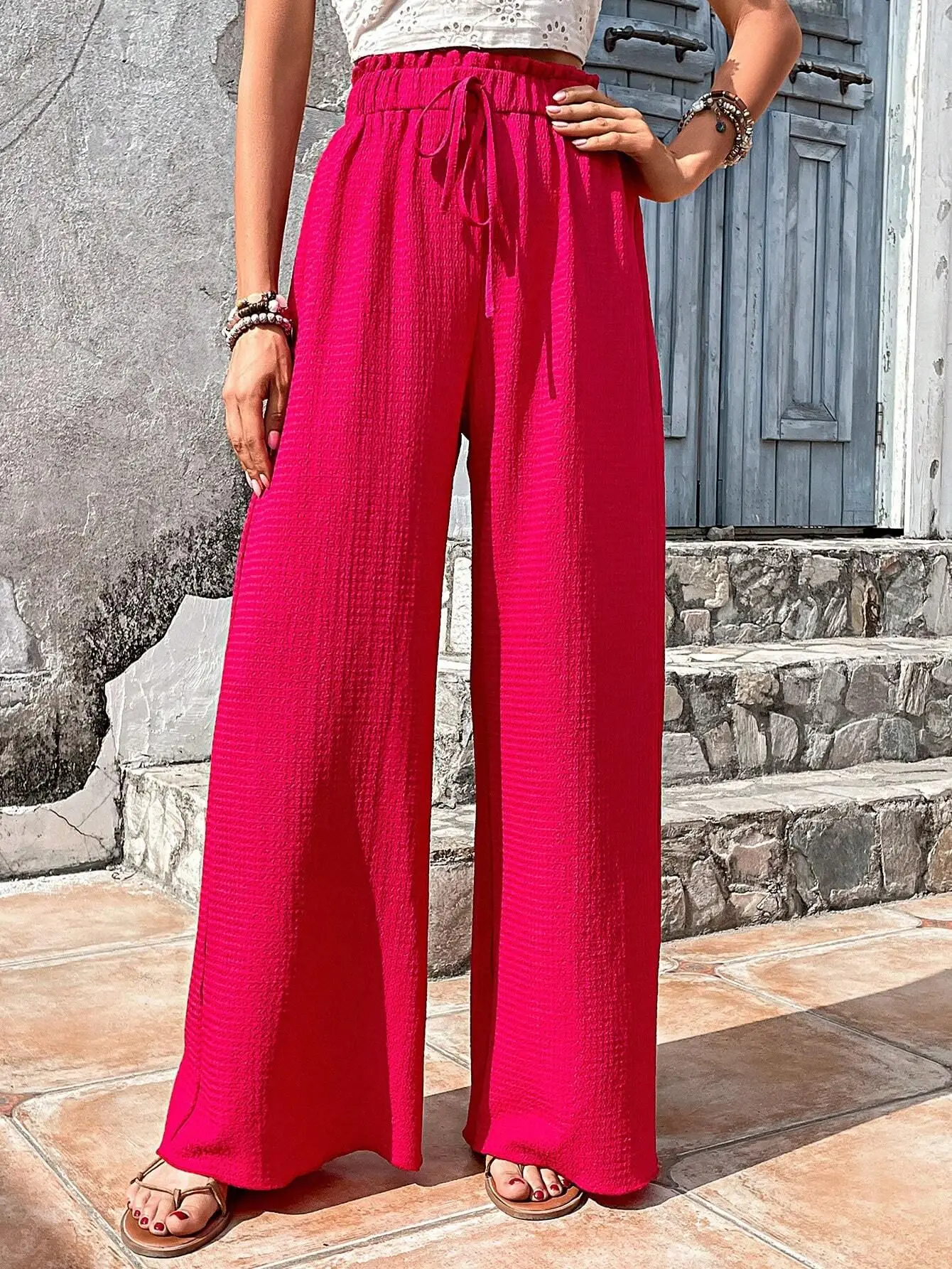 Proximité-Pantalon à Jambes Larges et artificiel astique pour Femme, Vêtement Chic et Décontracté, Coupe Droite, Couleur Unie, pour Bord de Mer, Vacances, Été, Automne