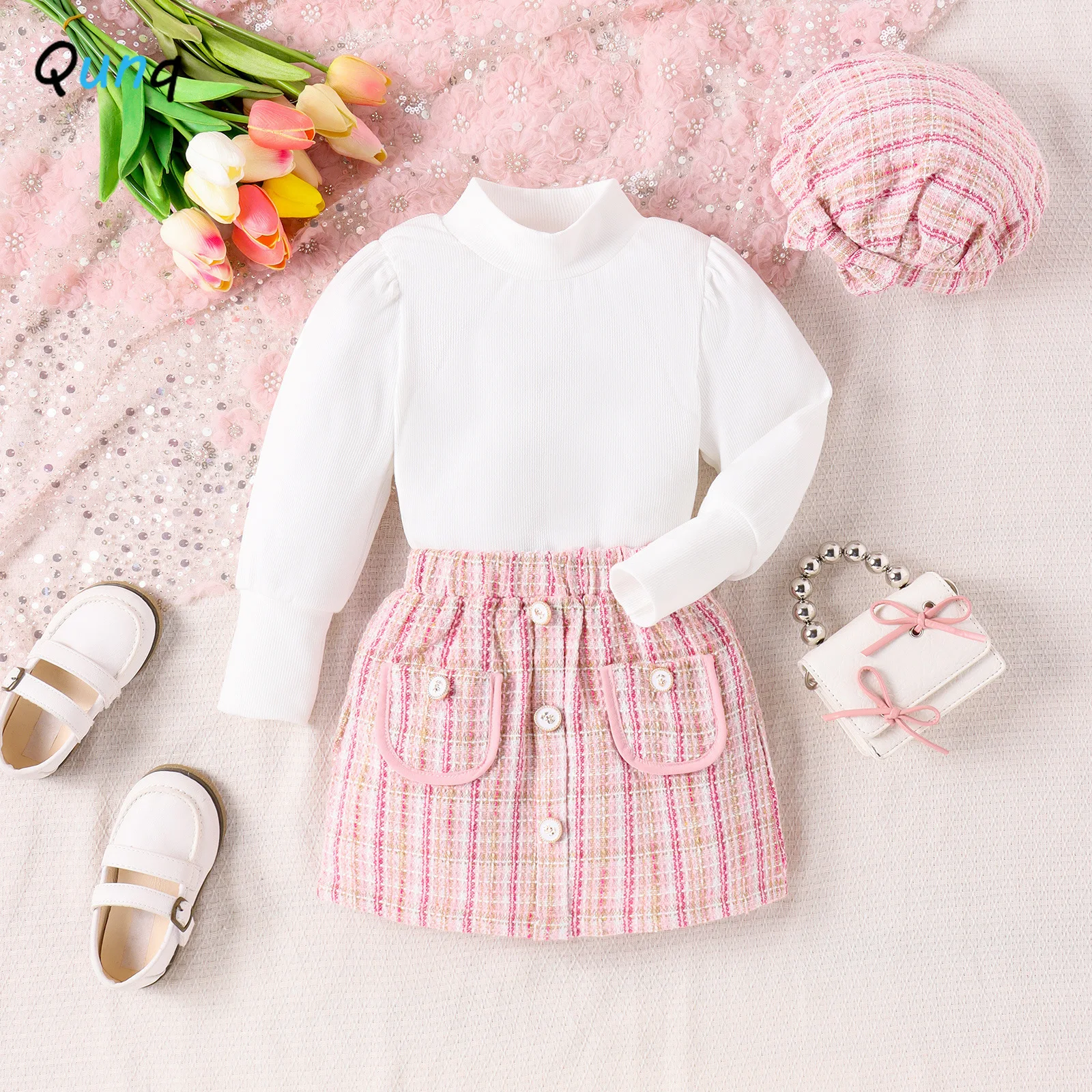 Qunq 2023 Autumn Winter Girls Solid Turtleneck Long Sleeves Top + Plaid Skirt And Cap 3 Piece Set Casual Kids Cothes Age 3T-8T