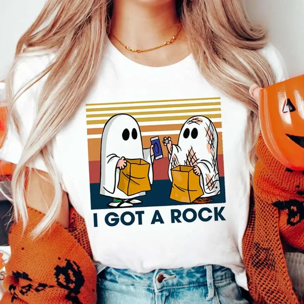 I Got A Rock Cute Couple Ghost Fun Halloween T-Shirt Women\'s Fashion Short Sleeved T-Shirt Printed Casual O-Neck Style T-Shirt