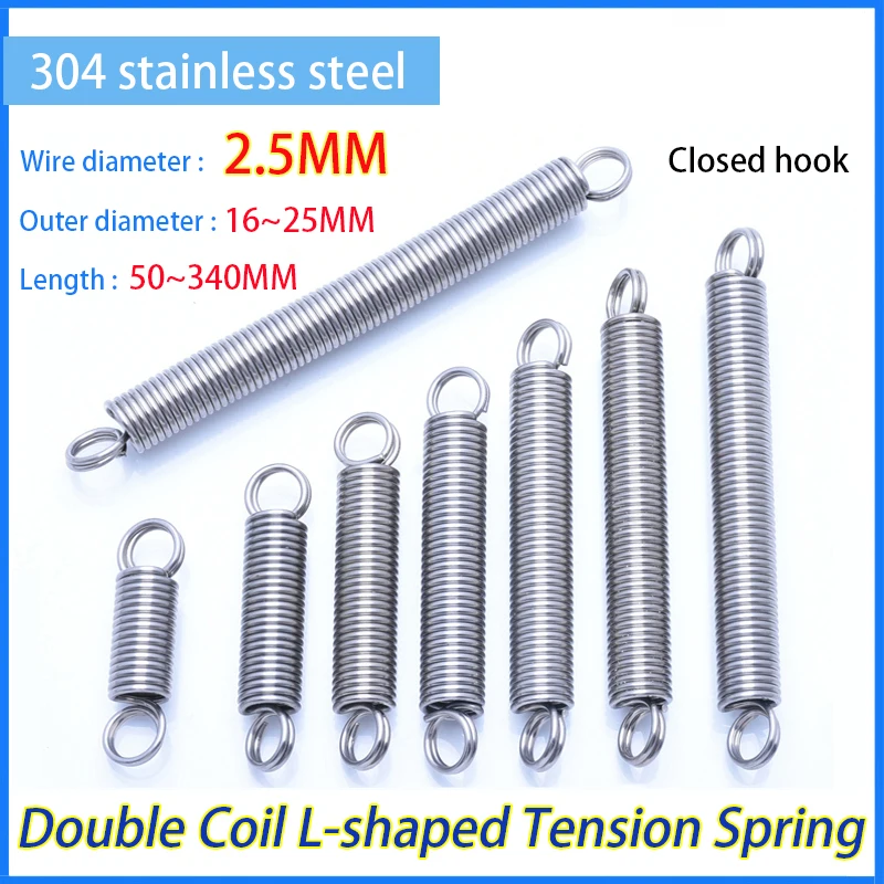 Wire Dia 2.5MM OD16~25MM L: 50~340MM 304 Stainless Steel O Ring Hook Extension Spring Tension Spring Double Coil L-shaped Spring