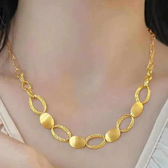 Retro light and shadow 9999 24K real gold silk halo brushed craftsmanship interlocking oval gold necklace bracelet