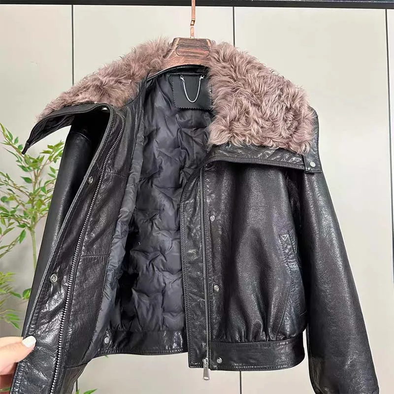 cappotto da donna invernale Piumino in pelle spesso caldo di alta qualità corto collo in vera pelliccia di lana vera pelle di pecora