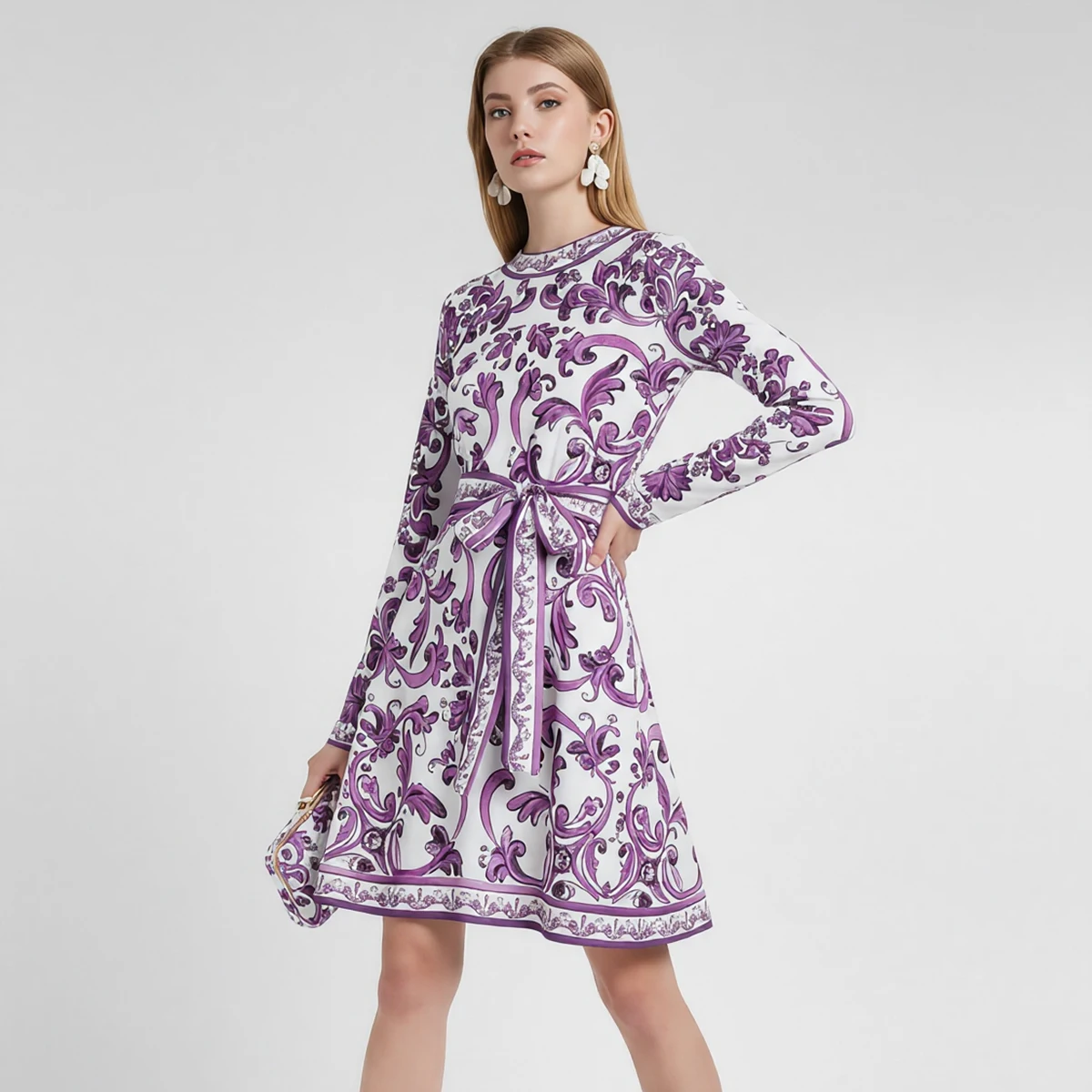 Vestido de manga corta estampado Wein con cintura alta, cuello redondo ajustado, pajarita y falda con pajarita, falda morada, noche de dama de flores