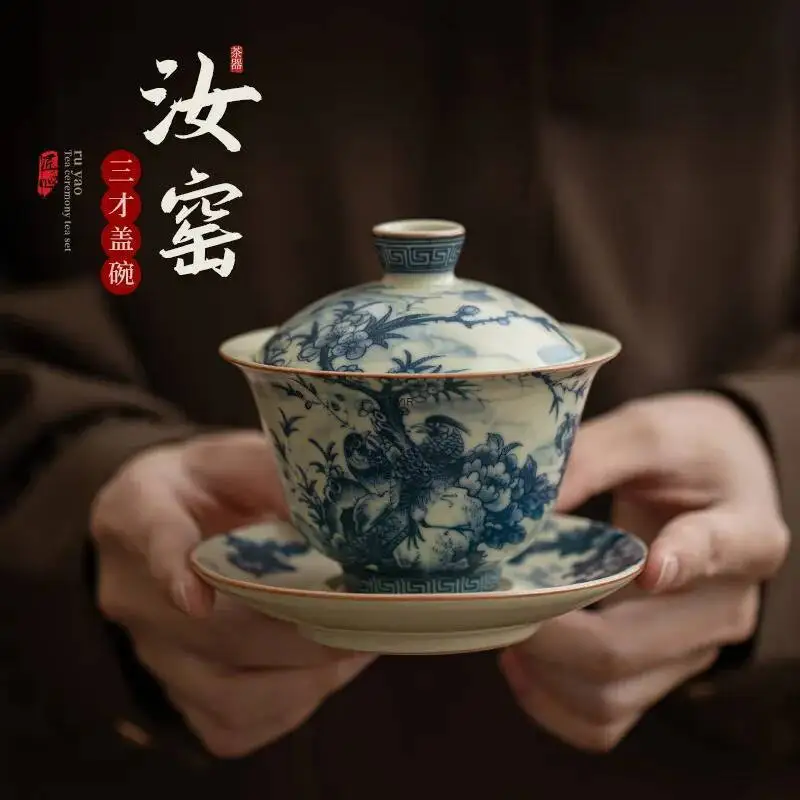 

Керамическая трехтактная крытая чаша серии Antique Ru Kiln с треклерной глазурью Cicada Wing и золотой проволокой, чайная чаша в китайском стиле