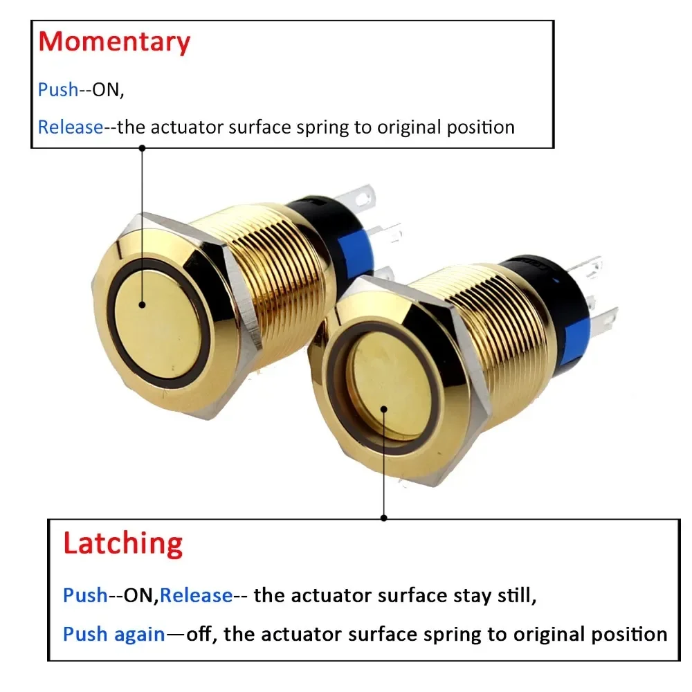 YUESHUN 19mm Gold Plated Brass Illuminated Push Button Switches Waterproof Metal LED Momentary Latching Switches