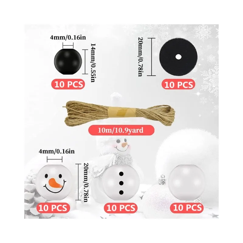 

Christmas Snowman Wooden Beads With Jute Twine Unfinished Winter White Round For DIY Crafting Making Holiday Party