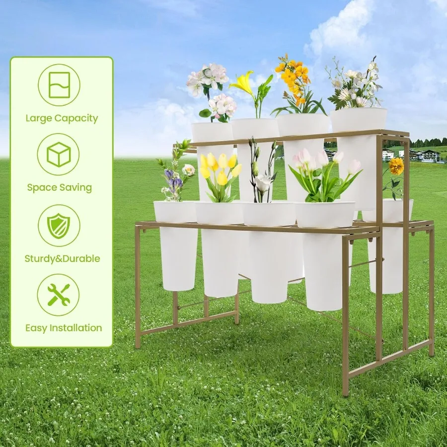 حامل عرض الزهور مع 12 دلو وعجلات لمتجر الزهور بتصميم على الوجهين بإطار ذهبي ودلاء مستديرة بيضاء مثالية