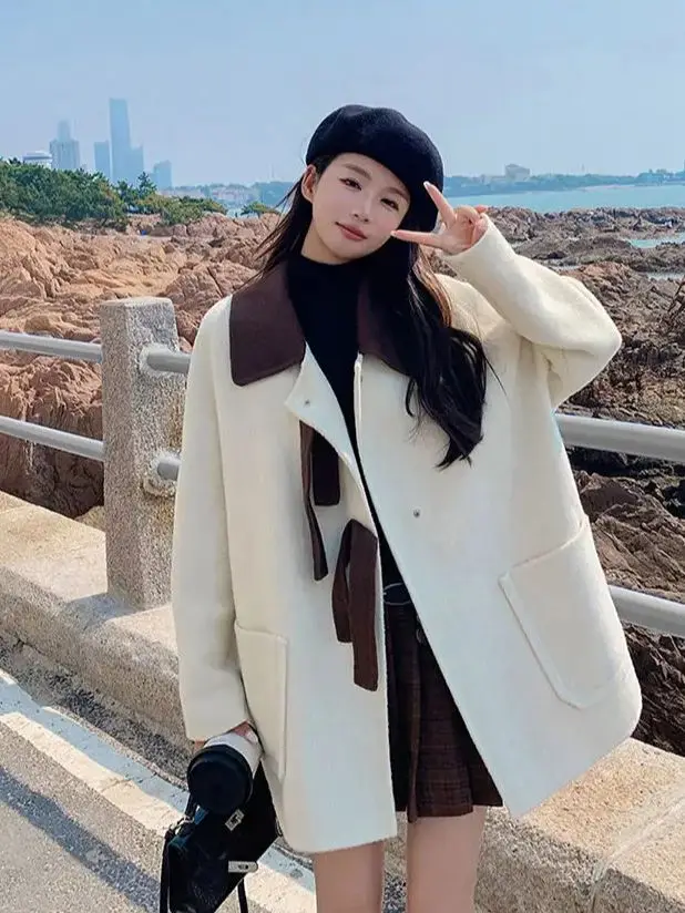 Korea Woolen Ladies Coat Autumn Winter Academy Style Contrast Turndown Collar Bandage Loose Versatile