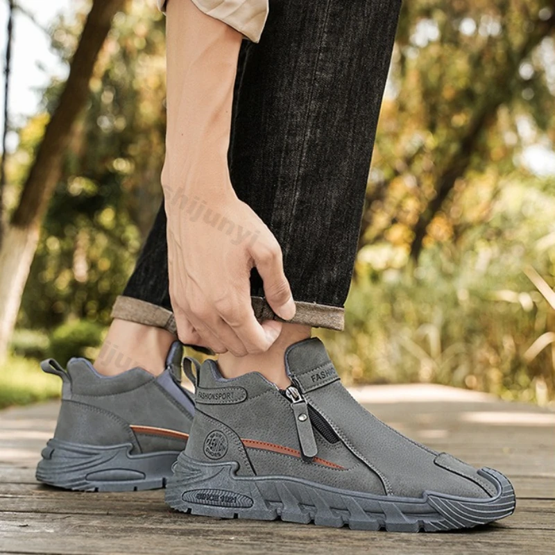 

Non Slip Wear-resistant Men Work Shoes Autumn Vintage Comfort Platform Sneakers Height Increase Fashion Side Zipper Casual Shoes