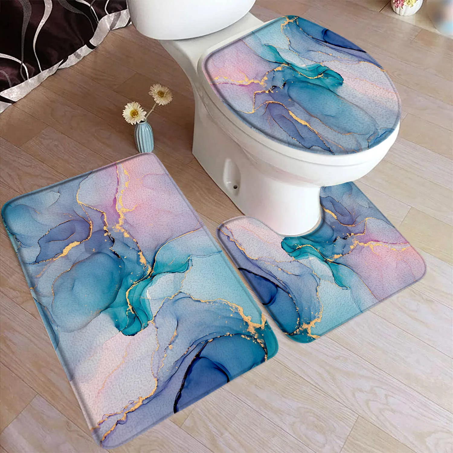 Abstract Blue Marble Bath Mat Set Grey Blue Ink Art Texture Modern Home Carpet Bathroom Decorative Floor Rugs Toilet Lid Cover