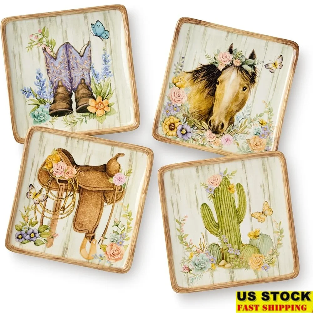 

Set of 4 Rustic Canape Plates 6 Inch Western Inspired Floral Cowboy Boots Cactus Horse Durable Ceramic Appetizers