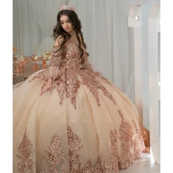 ANGELSBRIDEP Champagne Quinceanera Dresses Long Sleeve Sequined Appliques Lace Ball Gown Ruffles Vestidos De XV Años Customized