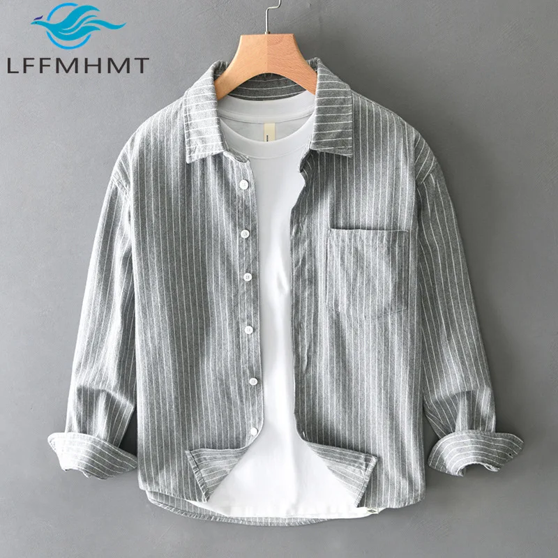 T706 Spring Autumn Fashion Striped Shirt Men Good Quality 100% Cotton Comfortable Relax Fit Long Sleeve Classical Simple Blouses