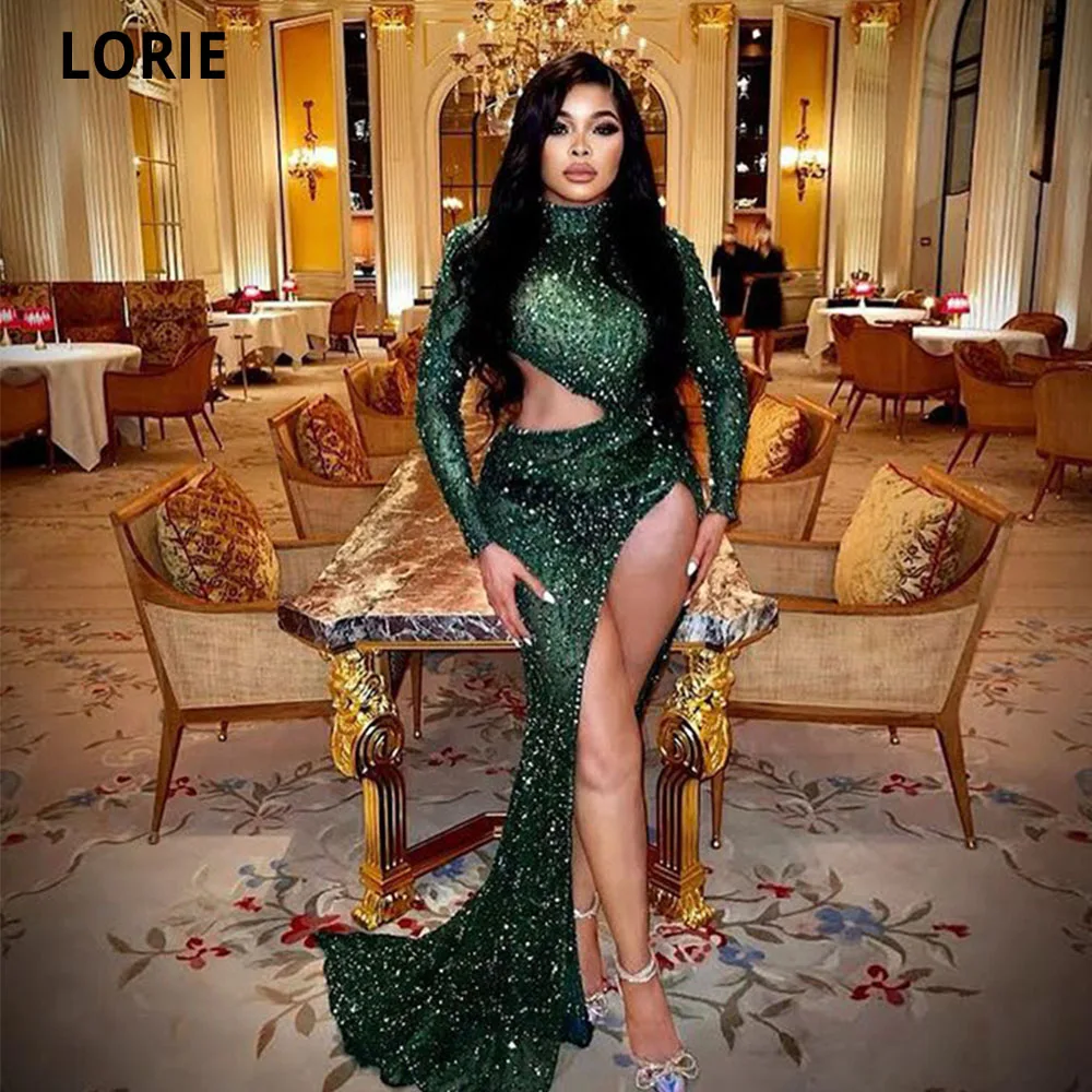 

LORIE Arabic Evening Dress Sequin Long Sleeves High Neck Side Split Mermaid Pleats Long Green Dubai Prom Gown Party Dress 2022