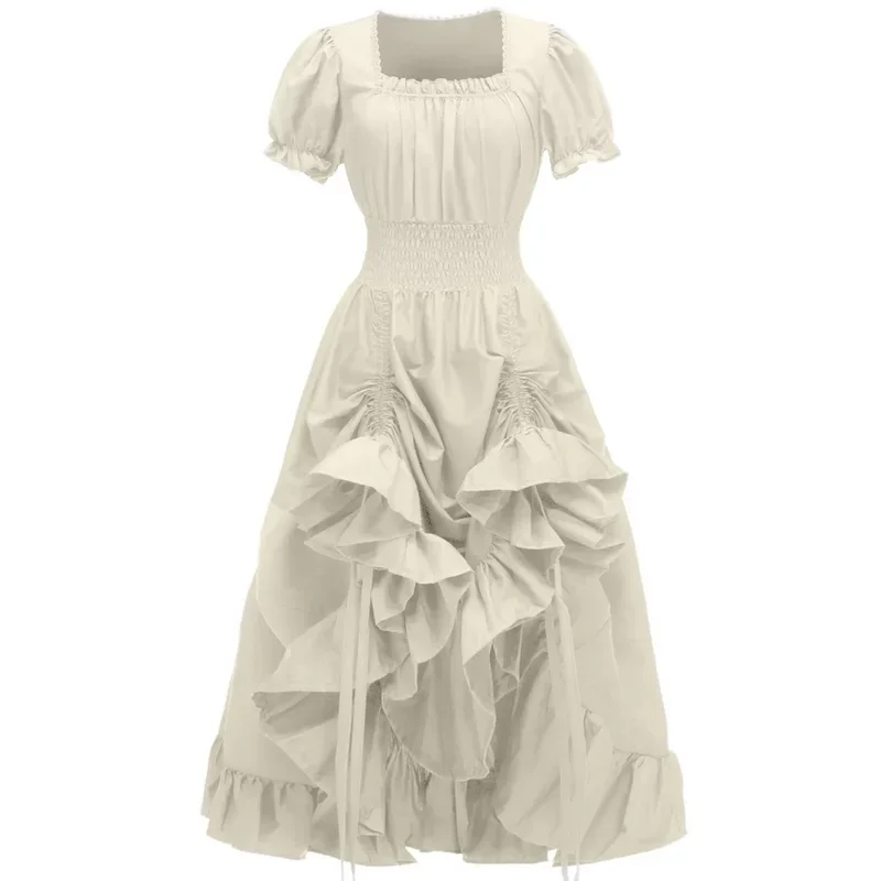 エレガントなレトロな中世のルネッサンスドレス,半袖,裸の肩,スモックされたウエスト,レトロなプリーツロングドレス,自由奔放に生きるドレス