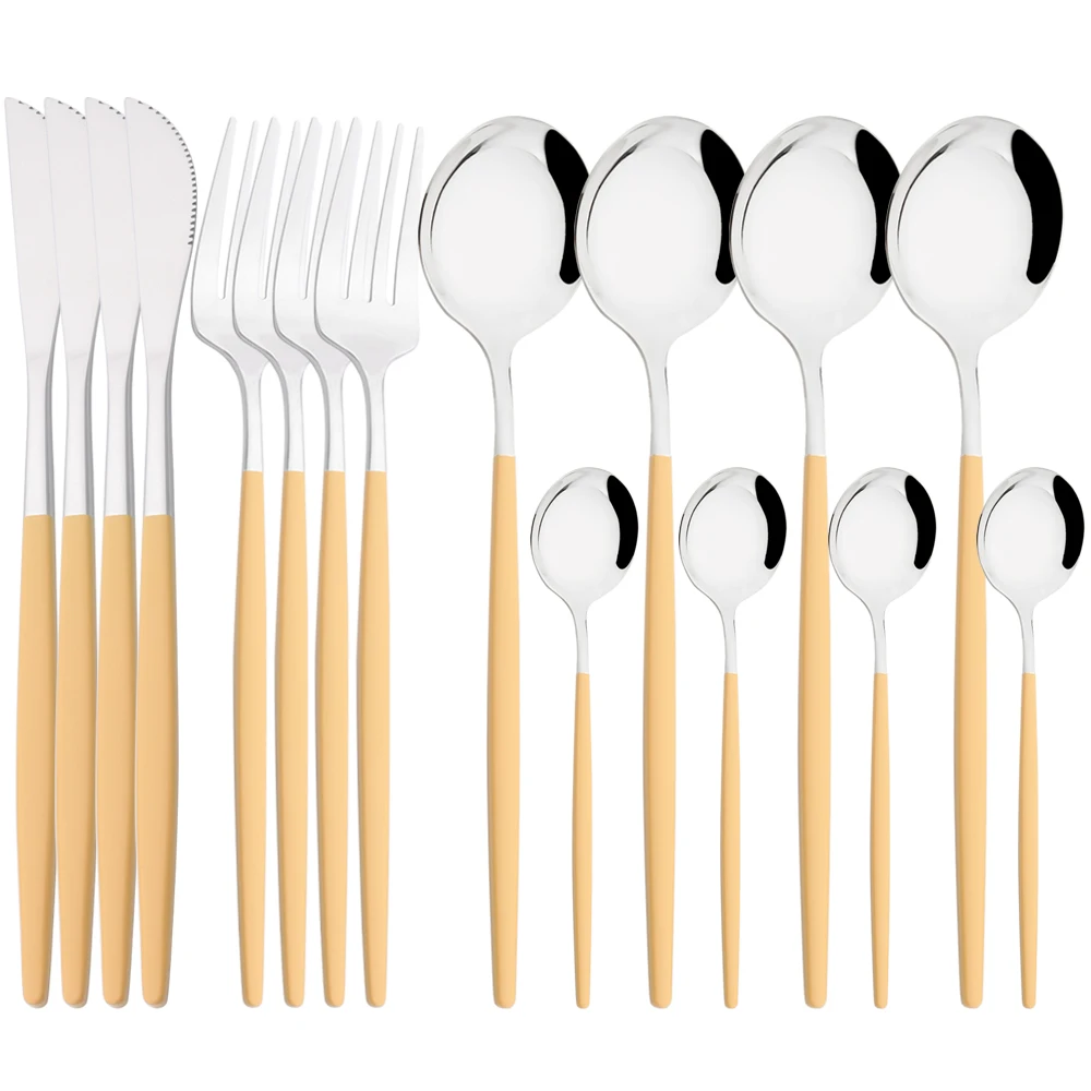 

Drmfiy 16Pcs Dinnerware Cream Orange Silverware Stainless Steel Tableware Set Spoon Knife Fork Western Cutlery Home Flatware Set