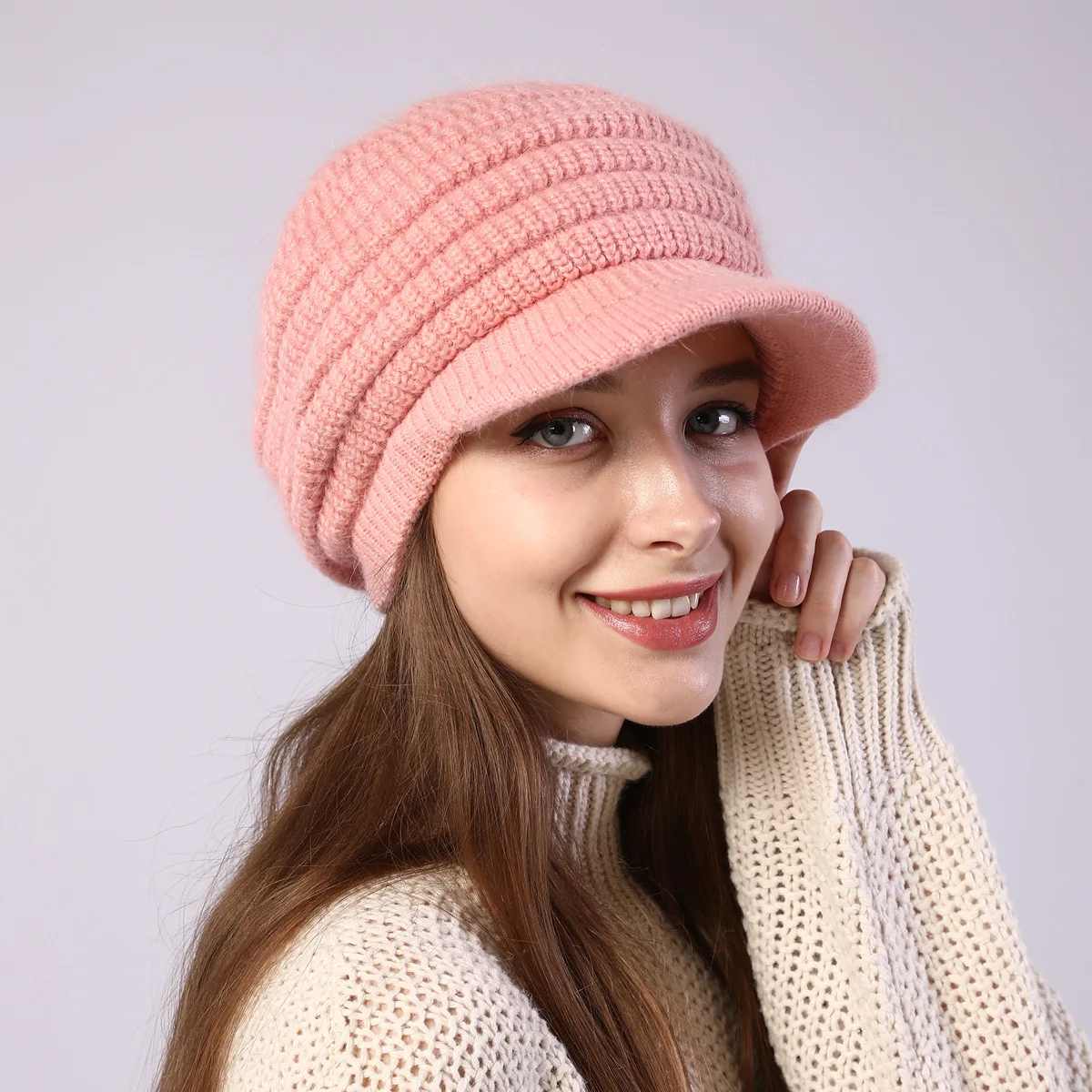 Winter Warm Fleece Lined Slouchy Skull Beanie With Visor Knitted Newsboy Hats for Women Soft Cold Weather Hat With Brim