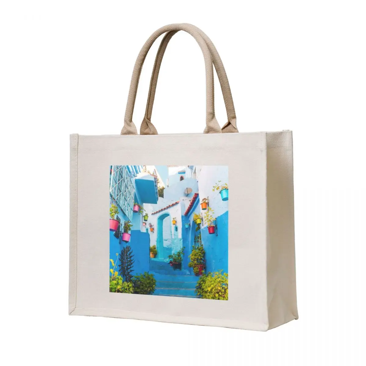 

blue house with colorful plants in Chefchaouen Tote Bag Lady bag shopping cart bags Women bags Women's shopper bag