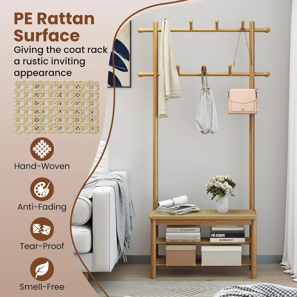 شجرة قاعة 3 في 1 مع مقعد وتخزين الأحذية، رف معطف من الخيزران قائم بذاته مع مقعد من الروطان PE، 11 قضبان تعليق، 3 طبقات S #6