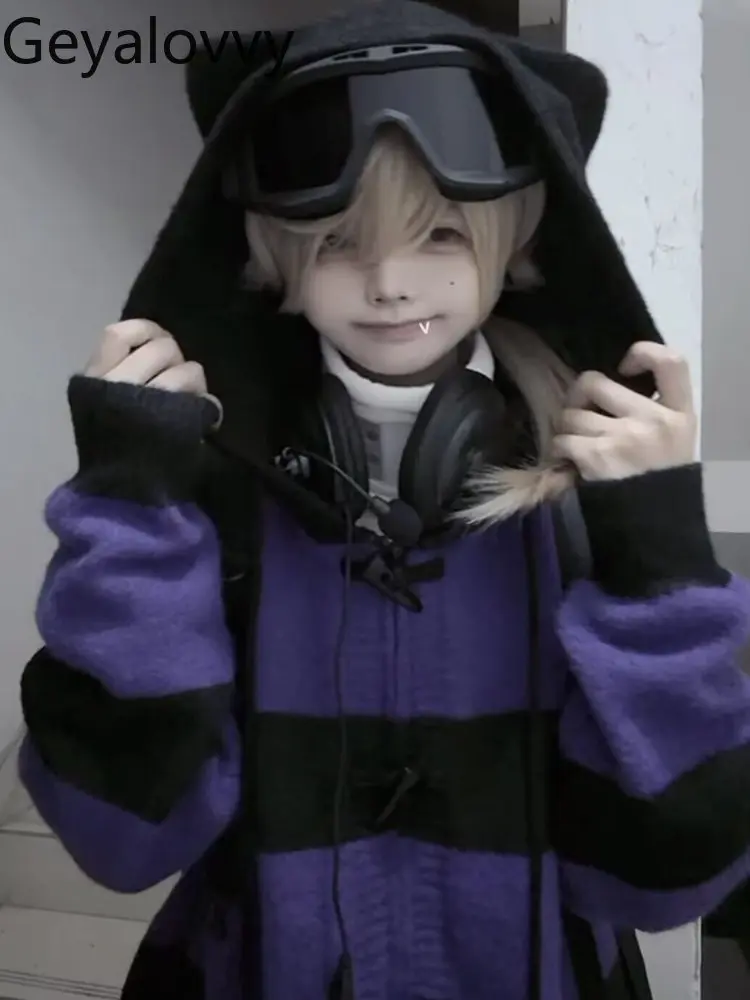 

Оригинальный милый универсальный кардиган с кошачьими ушками для девочек, свитер с капюшоном, осень-зима, новый свободный милый вязаный кардиган, полосатое пальто