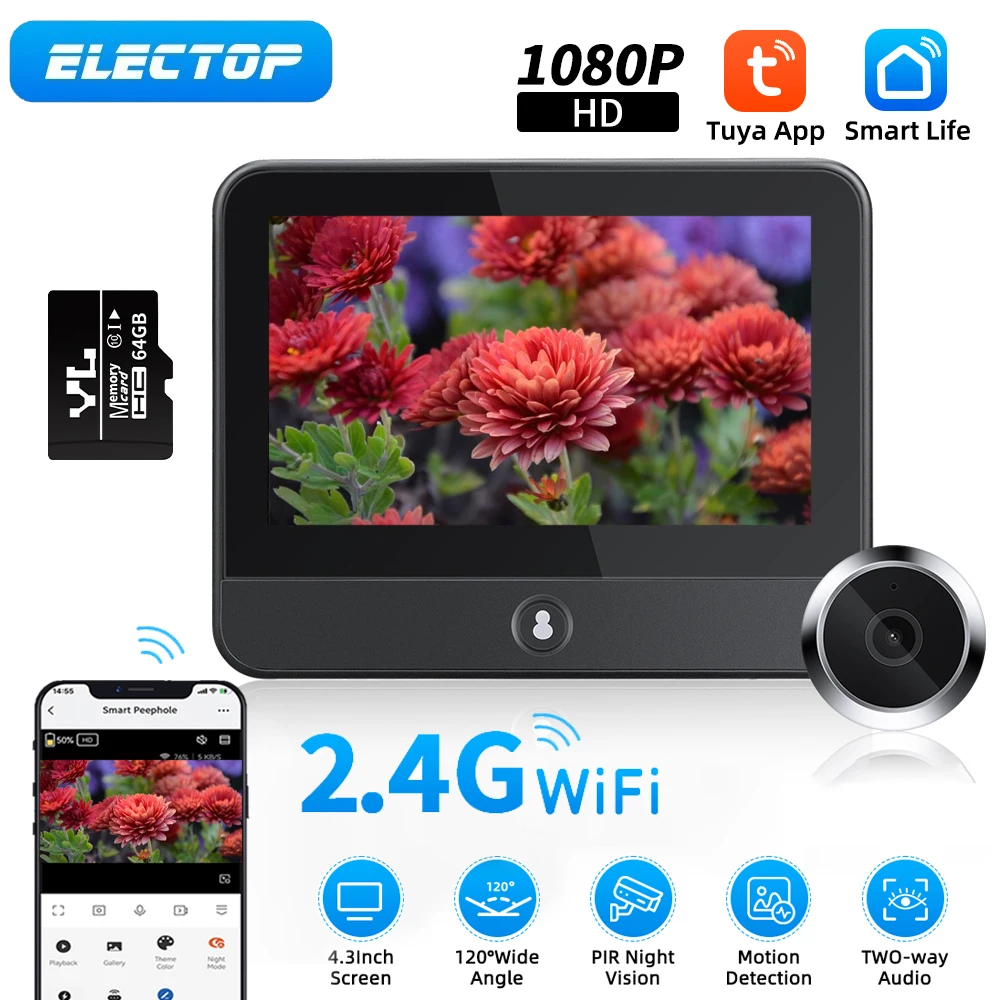 ELECTOP-Tuya WiFi Campainha Vídeo Intercom Câmera, 4.3 Polegada Monitor, Detecção de Movimento PIR, Porta Peephole com Câmera, Casa Inteligente