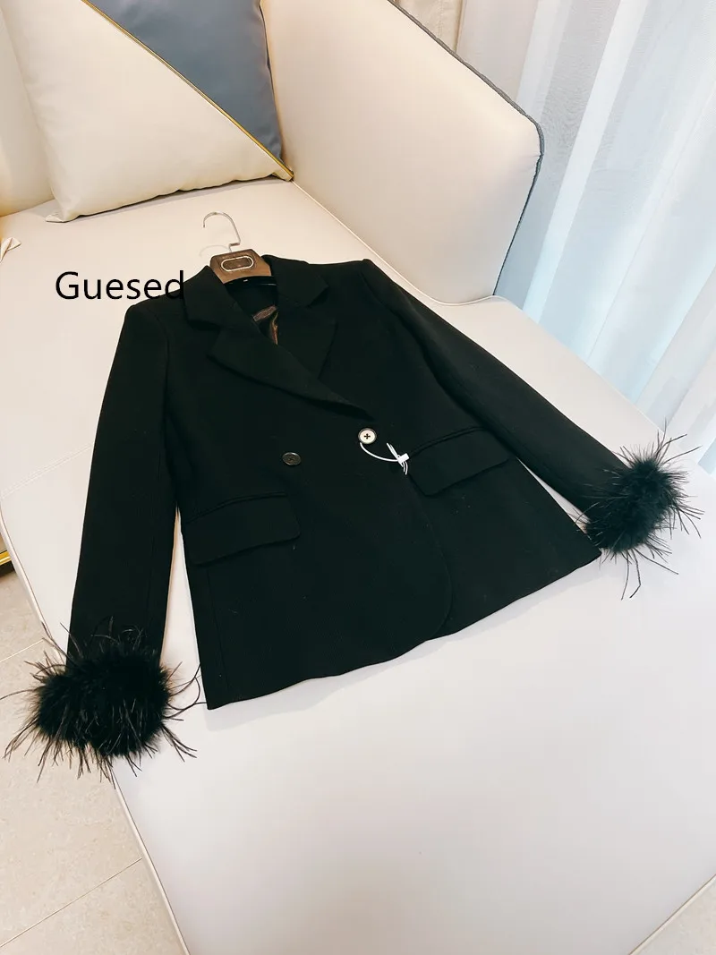 Guesed Black Blazer Loose Ostrich Feather Decoration Double Breasted Coat Casual Vintage Outerwear Female Notched Collar New