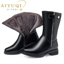 AIYUQI winter boots women Black Shoes Booties Big Size 35-43 Winter Genuine Leather Female Snow Boots Thick Warm Wool Boots