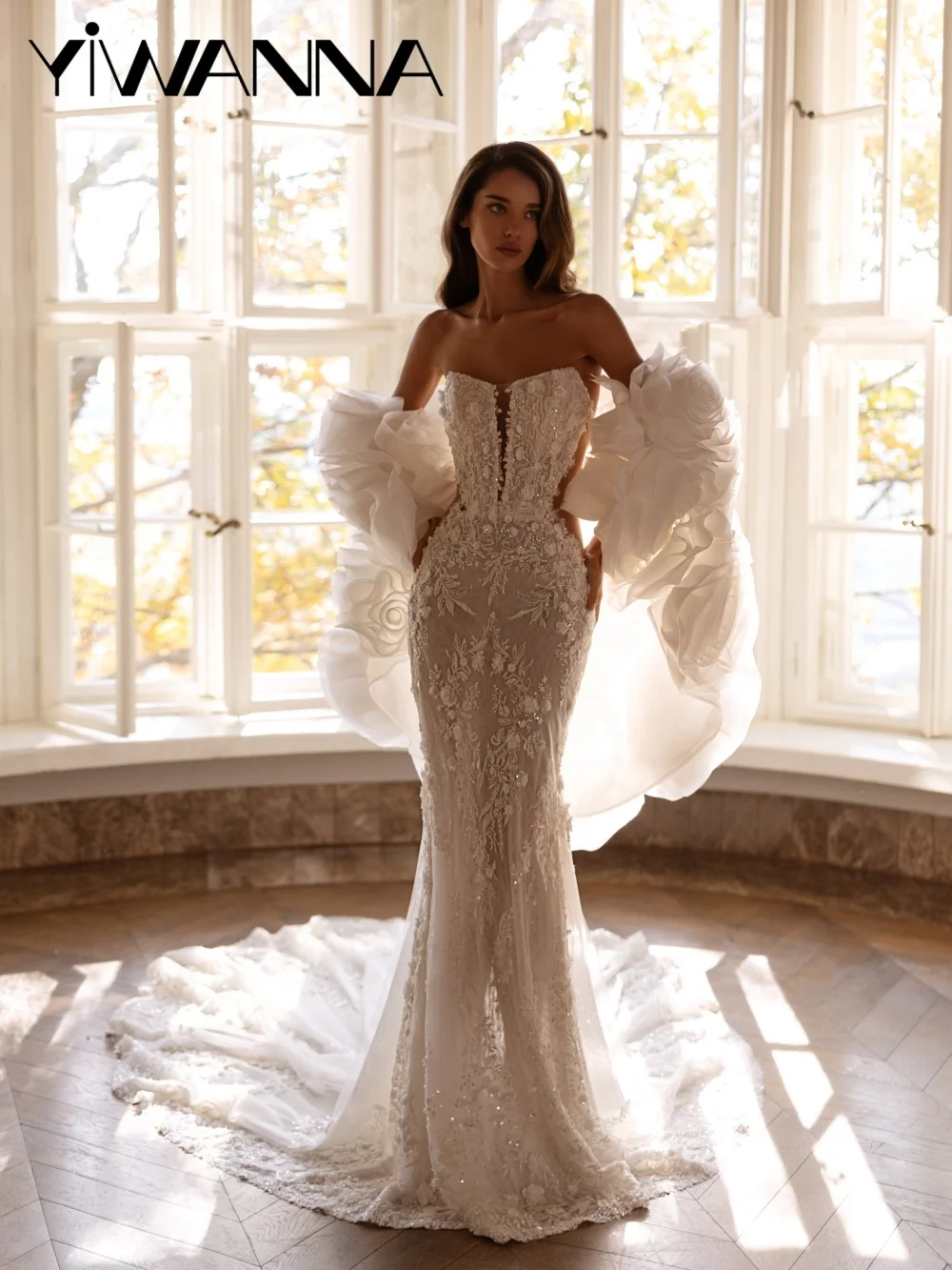

Dreamy Beaded Wedding Dress With Ruffled Cape Elegant 3D Flower Mermaid Bridal Gown Customized Floor-length Dresses For Bride