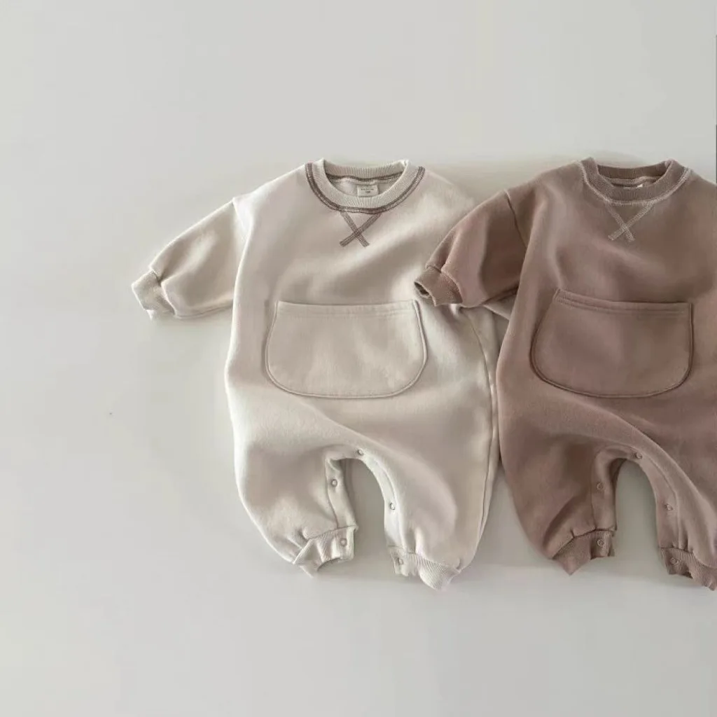 2024 Spring New Baby Long Sleeve Romper Boy Girl Newborn Large Pocket Jumpsuit Cotton Infant Versatile Casual Clothes 0-24M