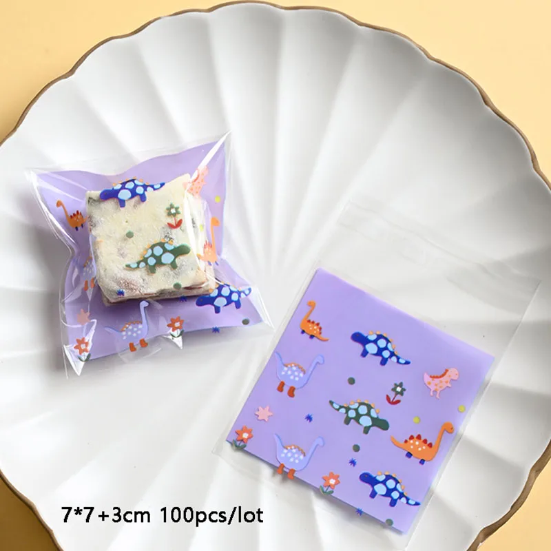 AQ Purple Frosted Arranged Small Dinosaurs Pattern Baby Party Homemade Food Cellophane Goodie Bags Cute Snack Gift Dessert Bag