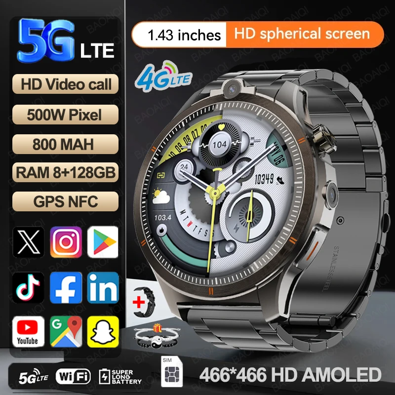 

5G/4G Smart Watch 1.43 inch 466*466 AMOLED Screen 5MP Video Call 8GB+128GB RAM 800 mAh Google Play WIFI GPS Smartwatch Android 9