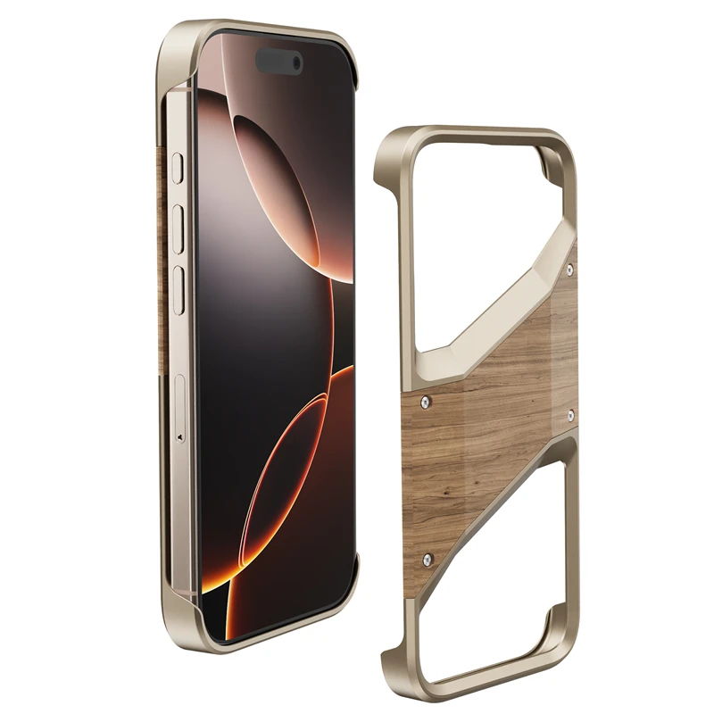 

Irregular Metal Frameless Phone Case For iPhone 16 15 Pro Max Alloy Frame Bumper for iPhone 15 16 promax Wooden Shockproof Cover