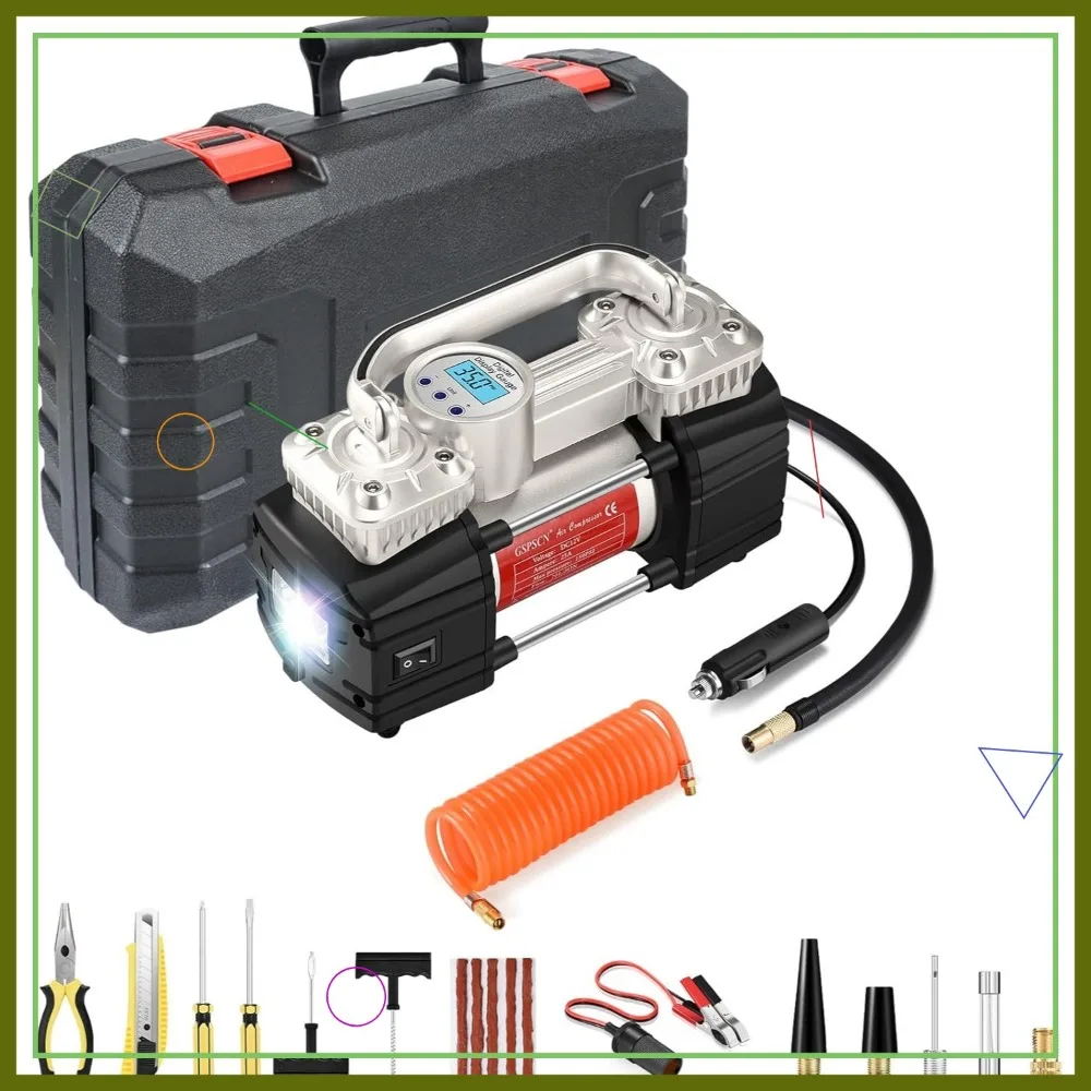 

Portable 12V Air Compressor Pump with Digital Gauge, Tire Repair Kit & LED Light for Cars, SUVs, Trucks