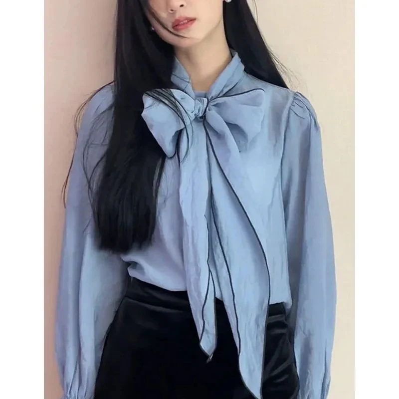 

Bubble Sleeve Bow Tie Bottom Shirt for Women's Autumn and Winter French Style Interior ShirtBlue Ribbon Design Blouses Shirts