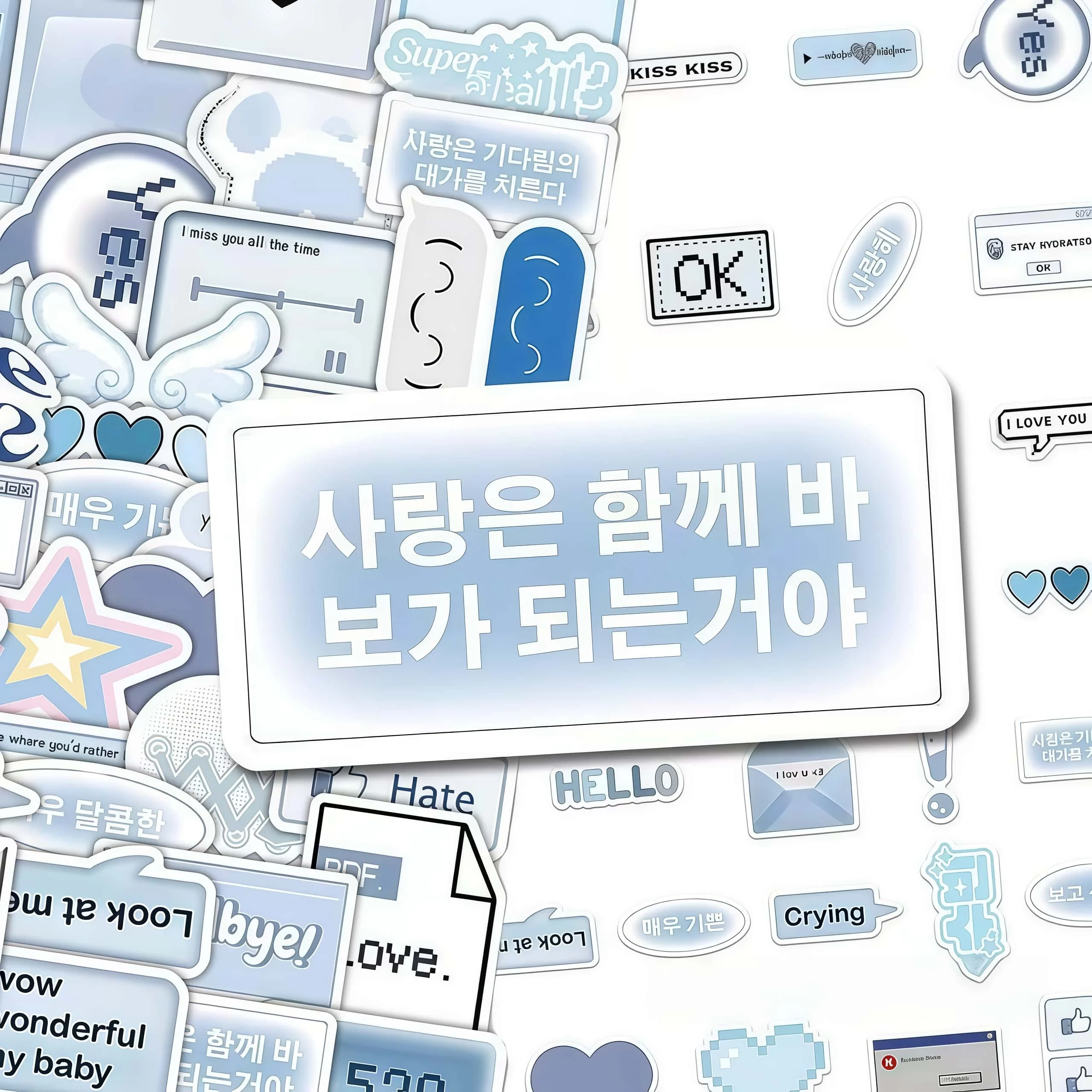 100Pcs Soft Blue Y2K Computer Window Stickers, Minimalist Text Pixel Graphic Decals for Journaling Laptop DIY Aesthetic Decor