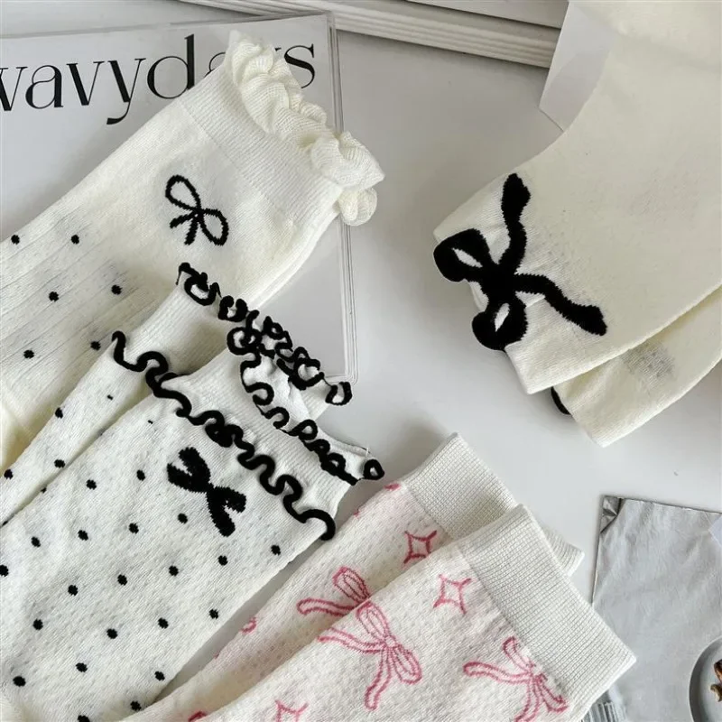 Women Cute Kawaii Bowknot Cotton Socks Designer Ruffle-edge Crew Sock Japanese Ballet Style Polka Dot Ins Trendy Pile Socks