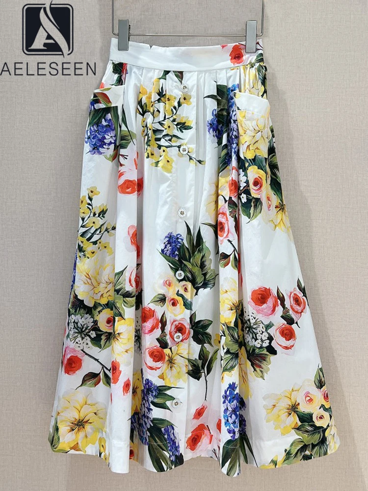 AELESEEN Sicilian Long 100% Cotton Skirt Women Summer High Waist Colorful Flower Print Pocket Single-breasted Elegant Beach