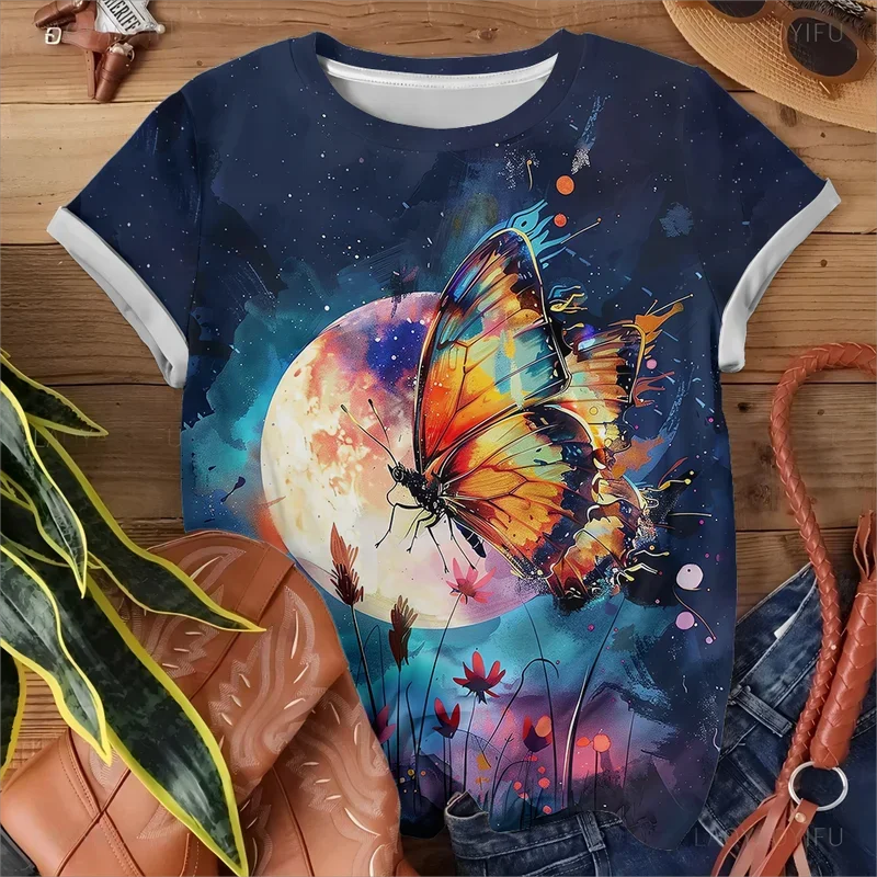 

Abstract Butterfly Moon Art Women's T-shirt Casual Fashion Loose Comfortable Deep Blue Short Sleeve