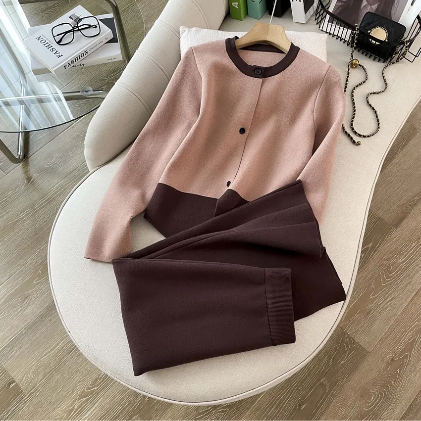 High Qulaity Hit Color Sweater Suits Fashion Women O Neck Single Breasted Knitted Sweater Cardigan+Autumn Winter Long Skirt Suit